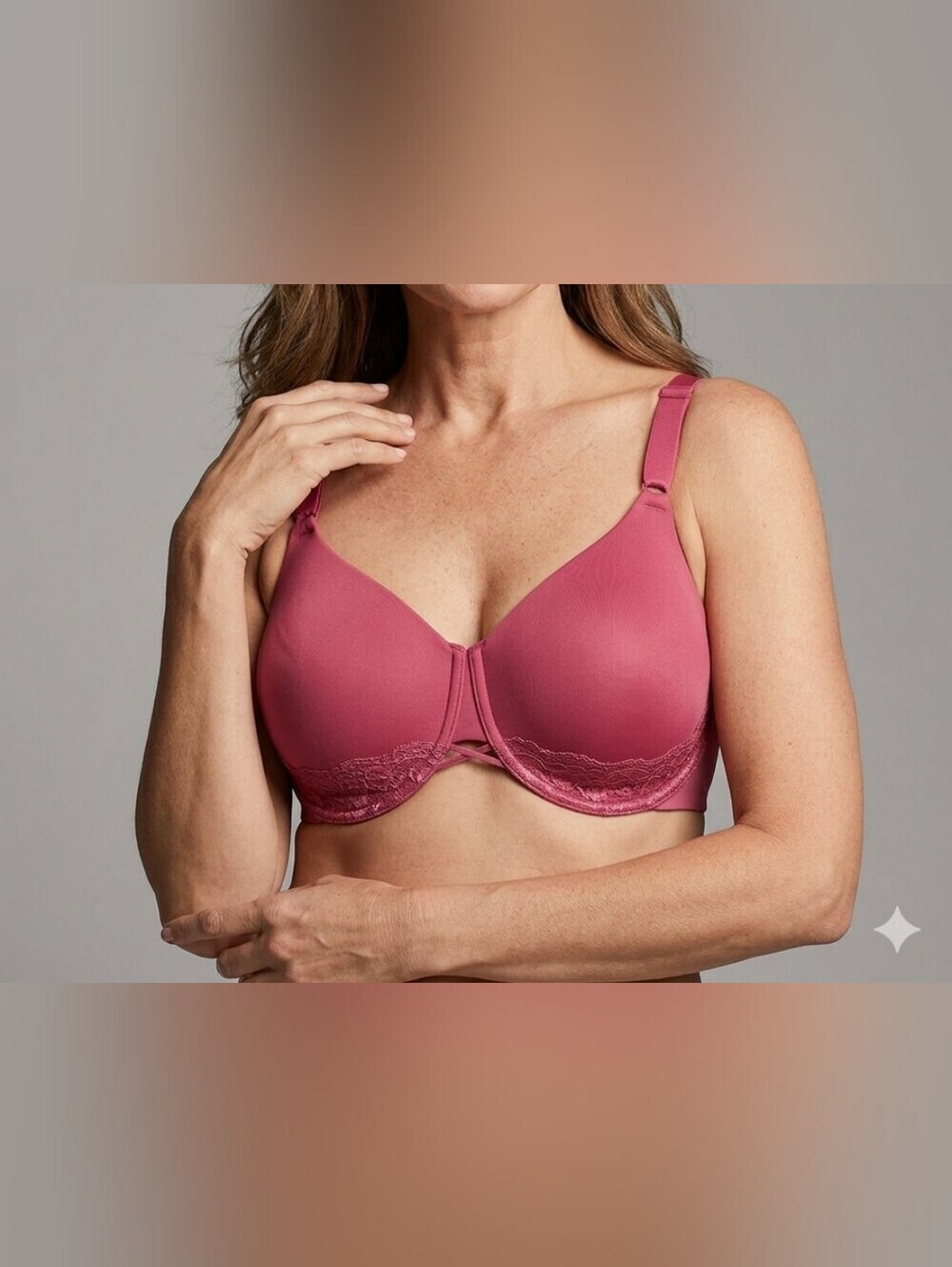 Vanity Rose-Mauve Lace Trim Underwire Bra Size 44DD.